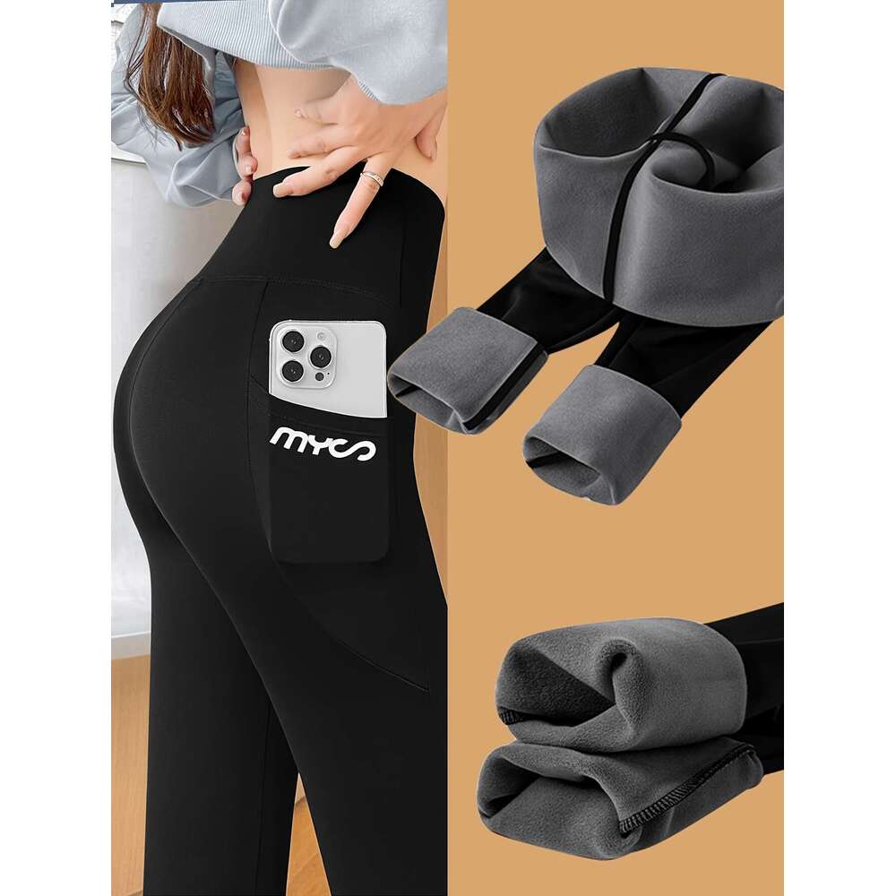 High-Waist Fleece-Lined Yoga Pants with Pockets - Butt Lifting, Tummy Control, Slimming Cropped Leggings Women, Black, Stretchy Polyester Activewear f