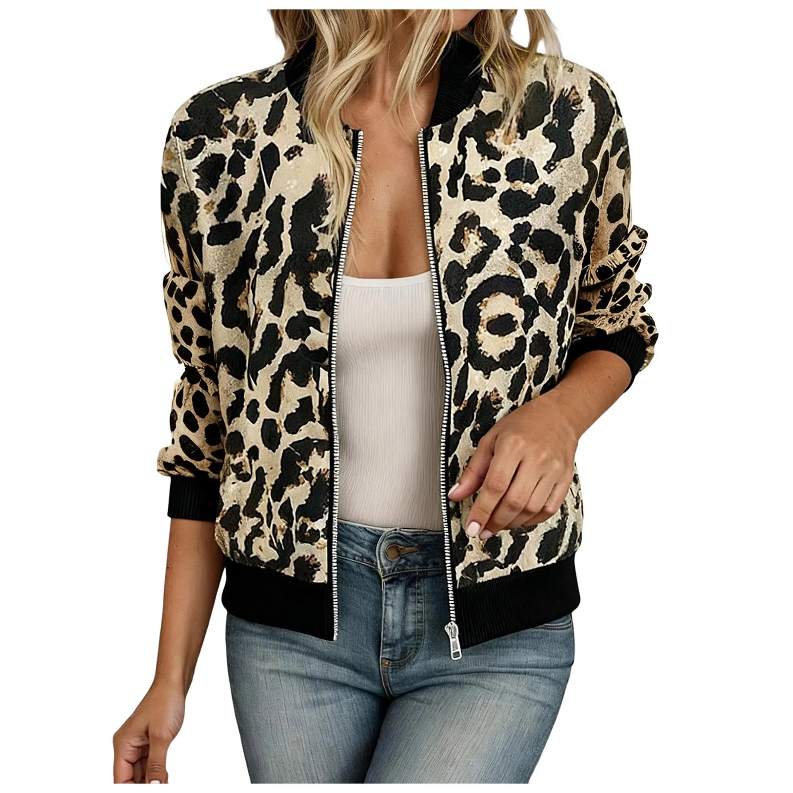Women Plus Size Bomber Jackets Leopard Printed Long Sleeve Zip Up Mock Neck Baseball Coats Trend Streetwear Casual Outwear 251029