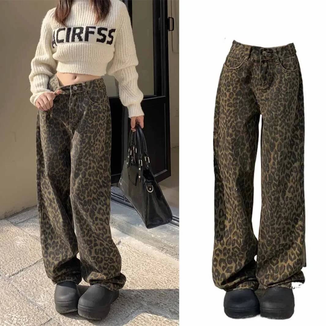 winter jacket women Retro Leopard Print High Waist Wide Leg Jeans Women's Spring Autumn New Loose Extended Straight Floor-Length Trendy Pants