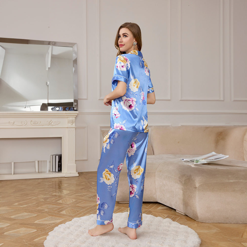 Yaoting Ice Silk Pajamas for Women Summer Short Sleeve Long Pants Homewear Set Highend Printed Twopiece Set TZ3432 230828