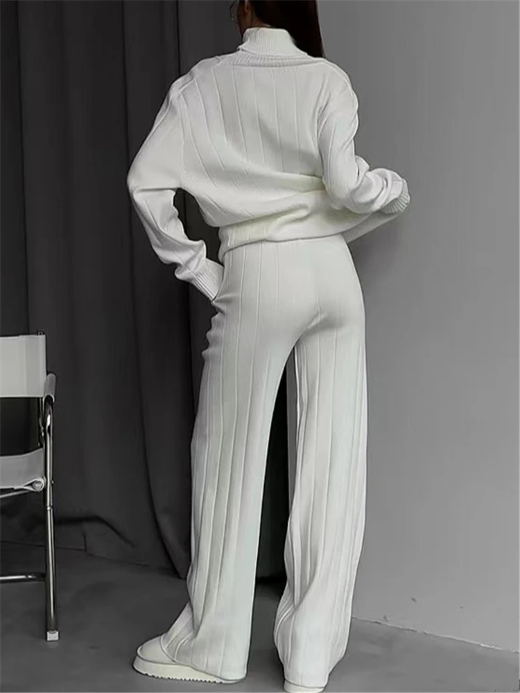 REALEFT Autumn Winter 2 Pieces White Womens Sets Knitted Tracksuit Turtleneck Sweater and Straight Jogging Pant Suits 251029