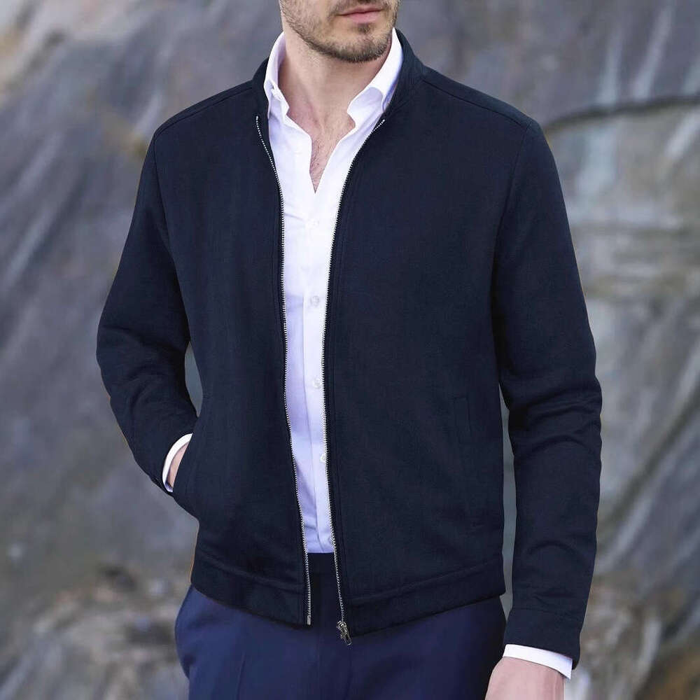 European Size Autumn Winter New Slim Fit Round Neck Long Sleeve Stand Collar Cardigan Personality Style Casual Jacket Coat for Men