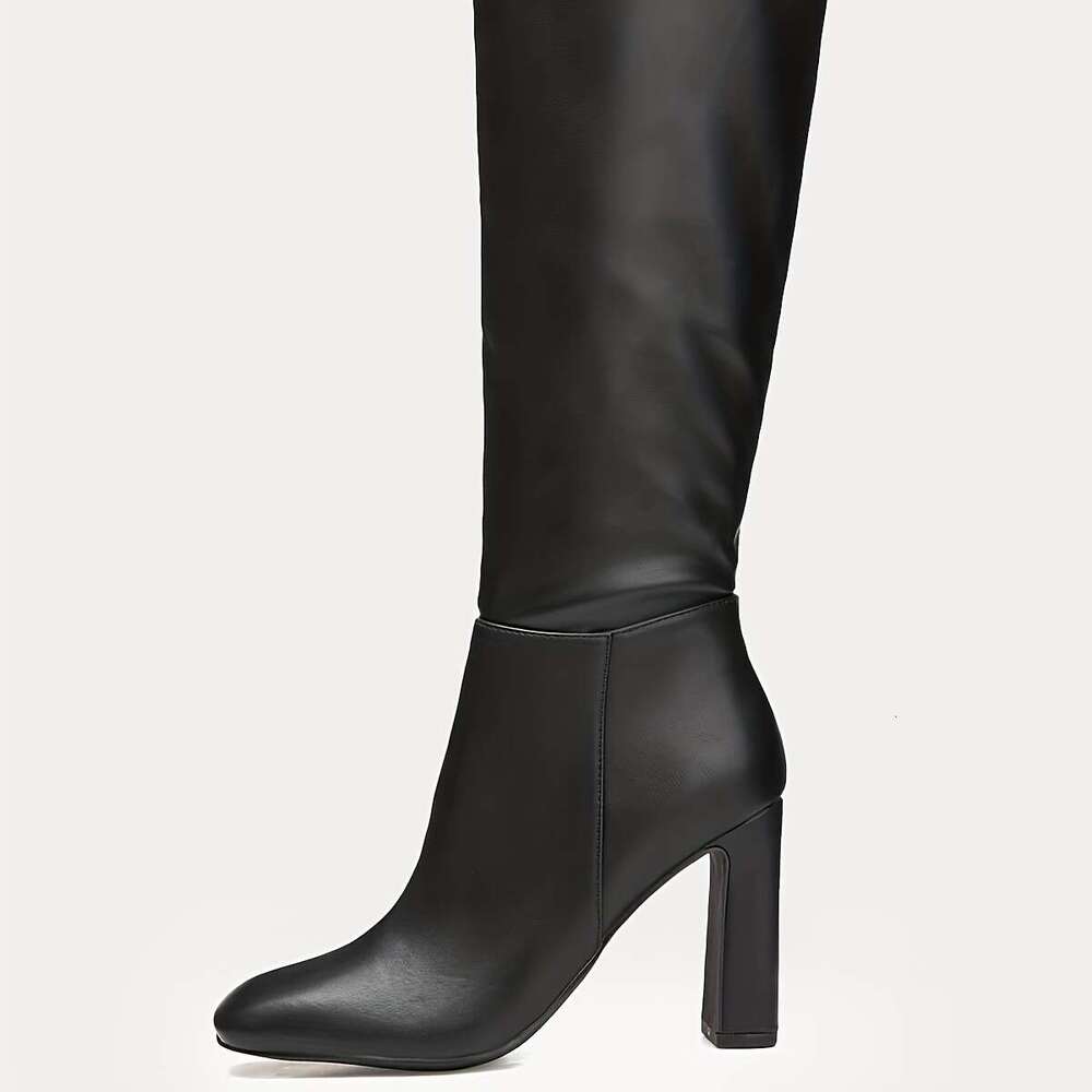 Women's Chunky Heeled Knee High Boots Classic PU Cover Square Toe Zippered Tall Boot