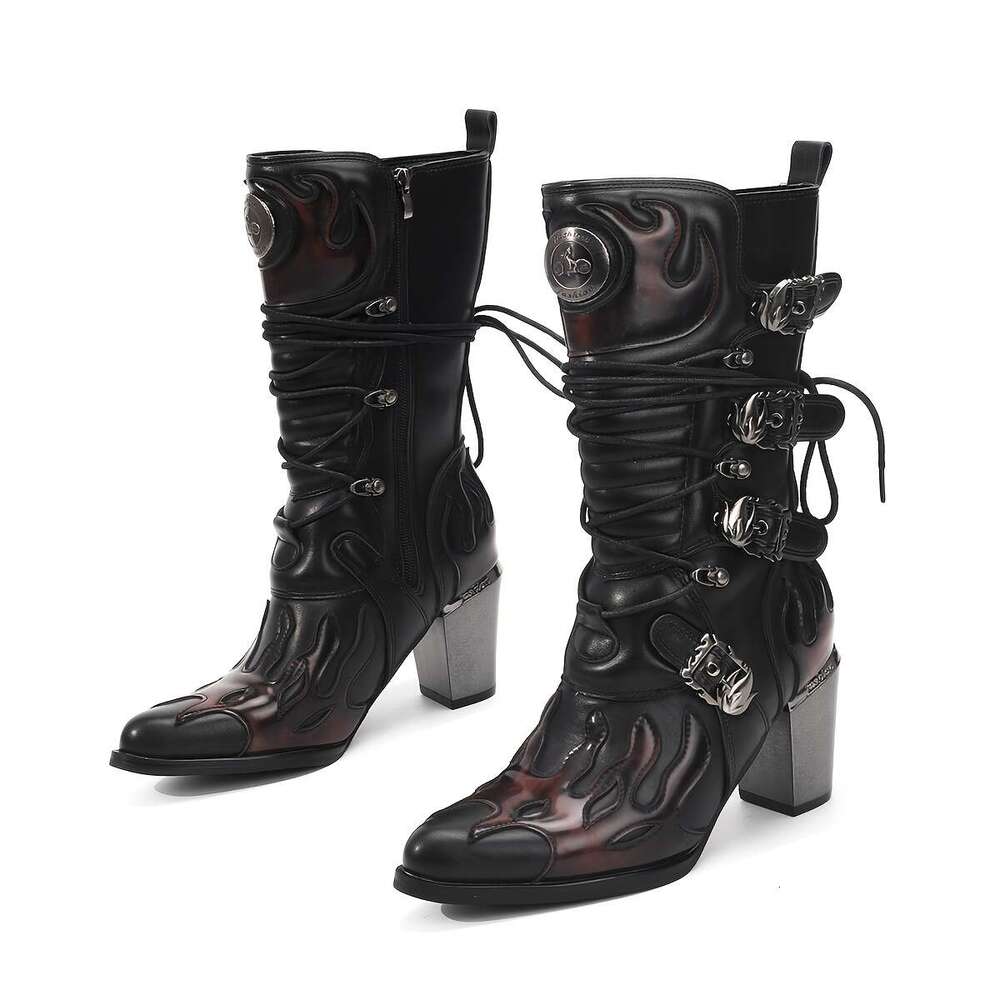 Women's Mid-Calf Faded Flame Design, Side Zipper Toe, 8.0Cm Chunky Heel, Versatile Footwear, Casual Trendy Pointed Toe Highquality Material, Dura