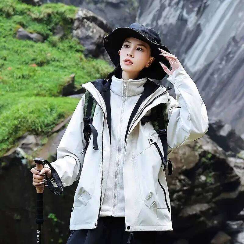Autumn New Outdoor Hooded Climbing Jacket Women Waterproof Windproof Single Burst Hiking Camping Jackets For Couples Sportswear