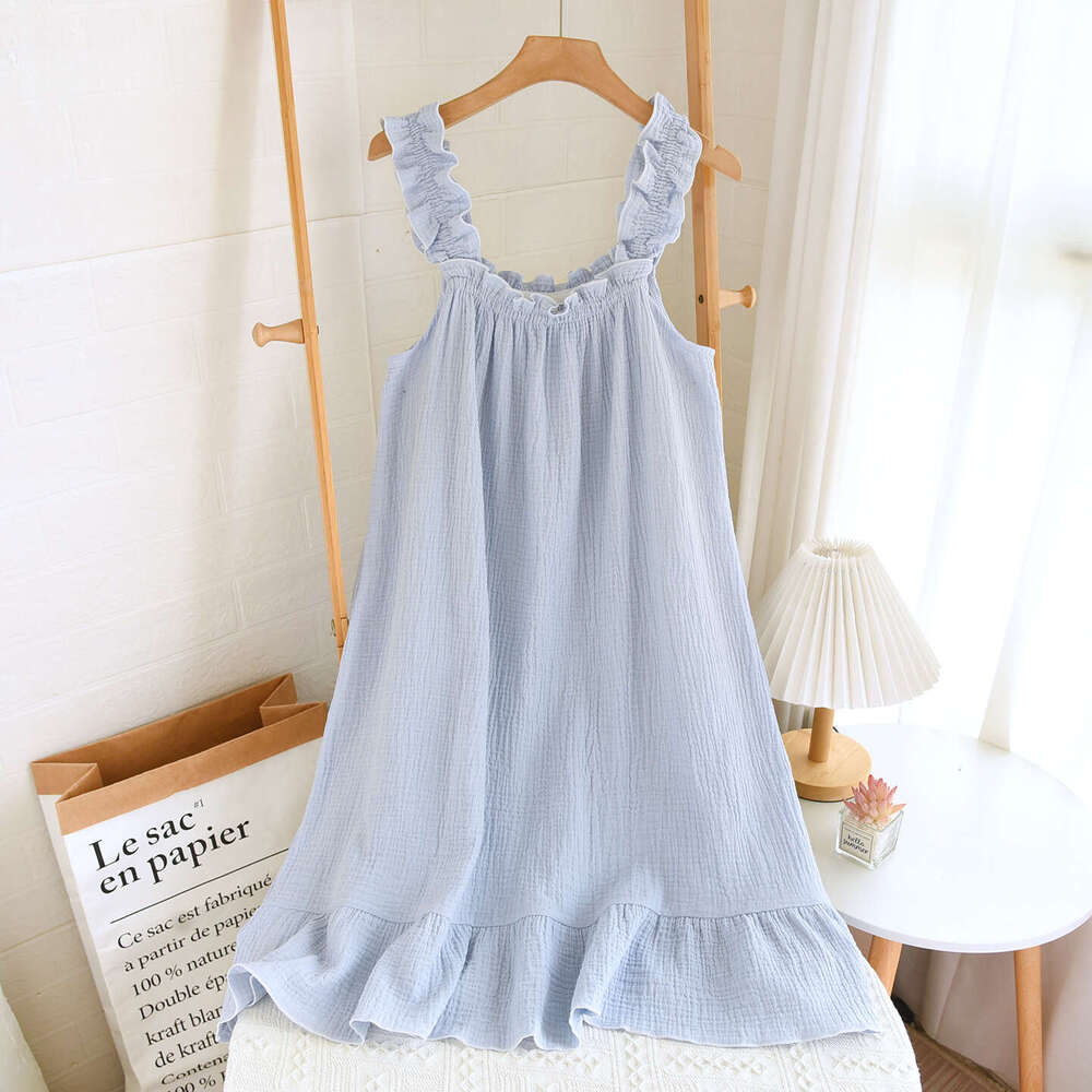 Nightdress for Women Summer Gauze Pure Cotton Thin Strap Nightgown Loose Mid-Length Sweet Cute Long Dress Homewear