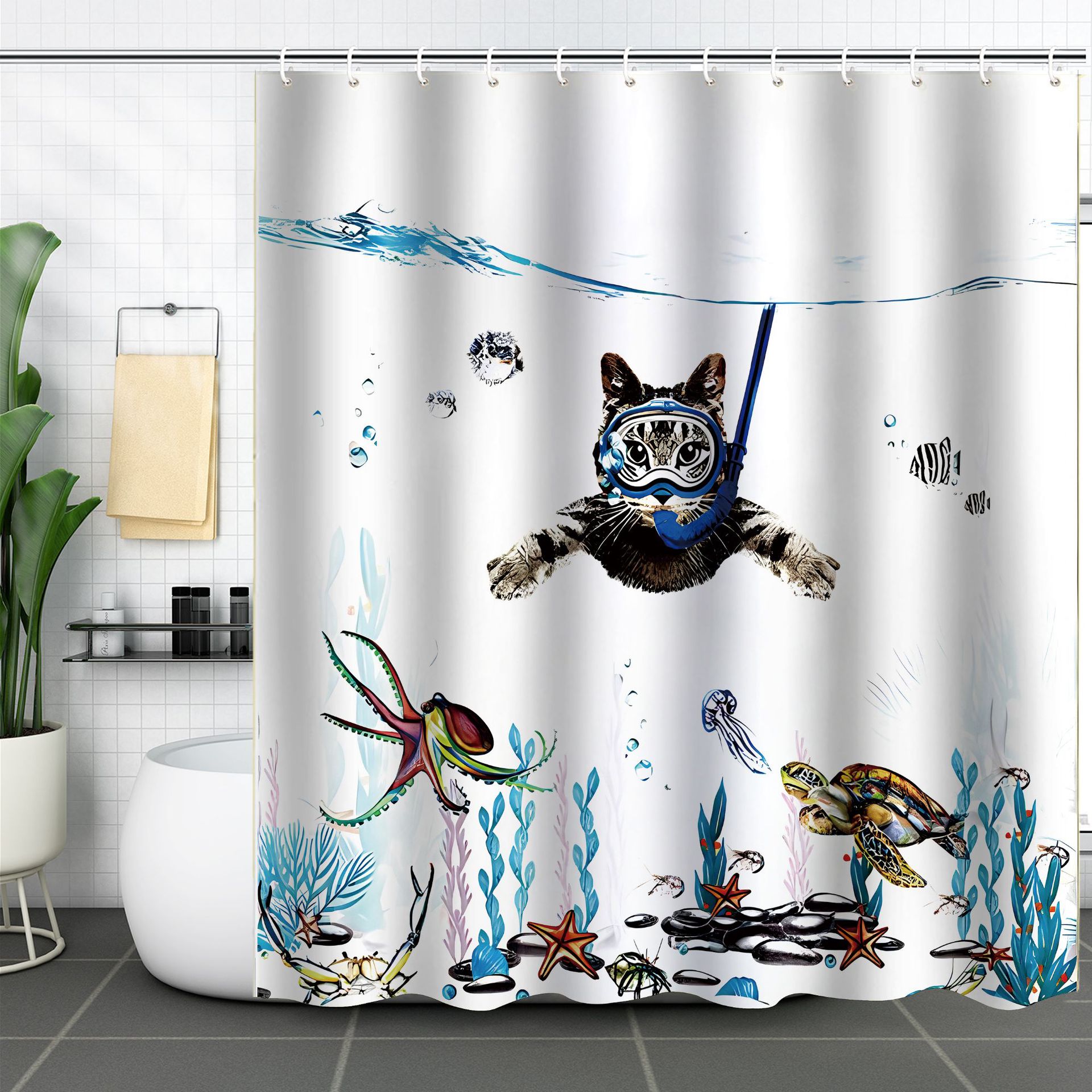 YL-37591 3D Digital Shower Curtain for Kitty Bathing, Bathroom Dry and Wet Separation, Polyester with Hooks, Isolation Curtain