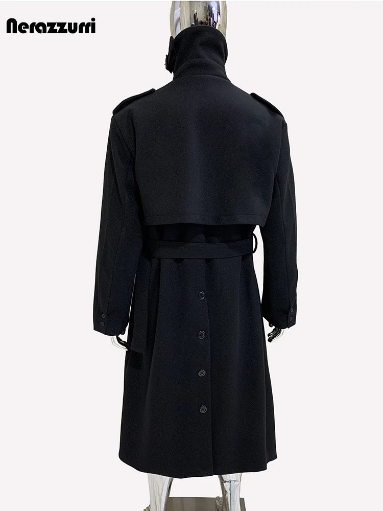 Nerazzurri Autumn Winter Long Oversized Black Warm Woolen Coat Men Belt Chic Luxury Designer Clothes Wool Blends Overcoat 251029