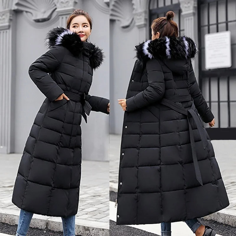 2025 Winter Womens Jacket Warm Fashion Comfortable Bow Belt Fox Fur Collar Clothes Long Dress Office Casual Womens Thick Coat 251030