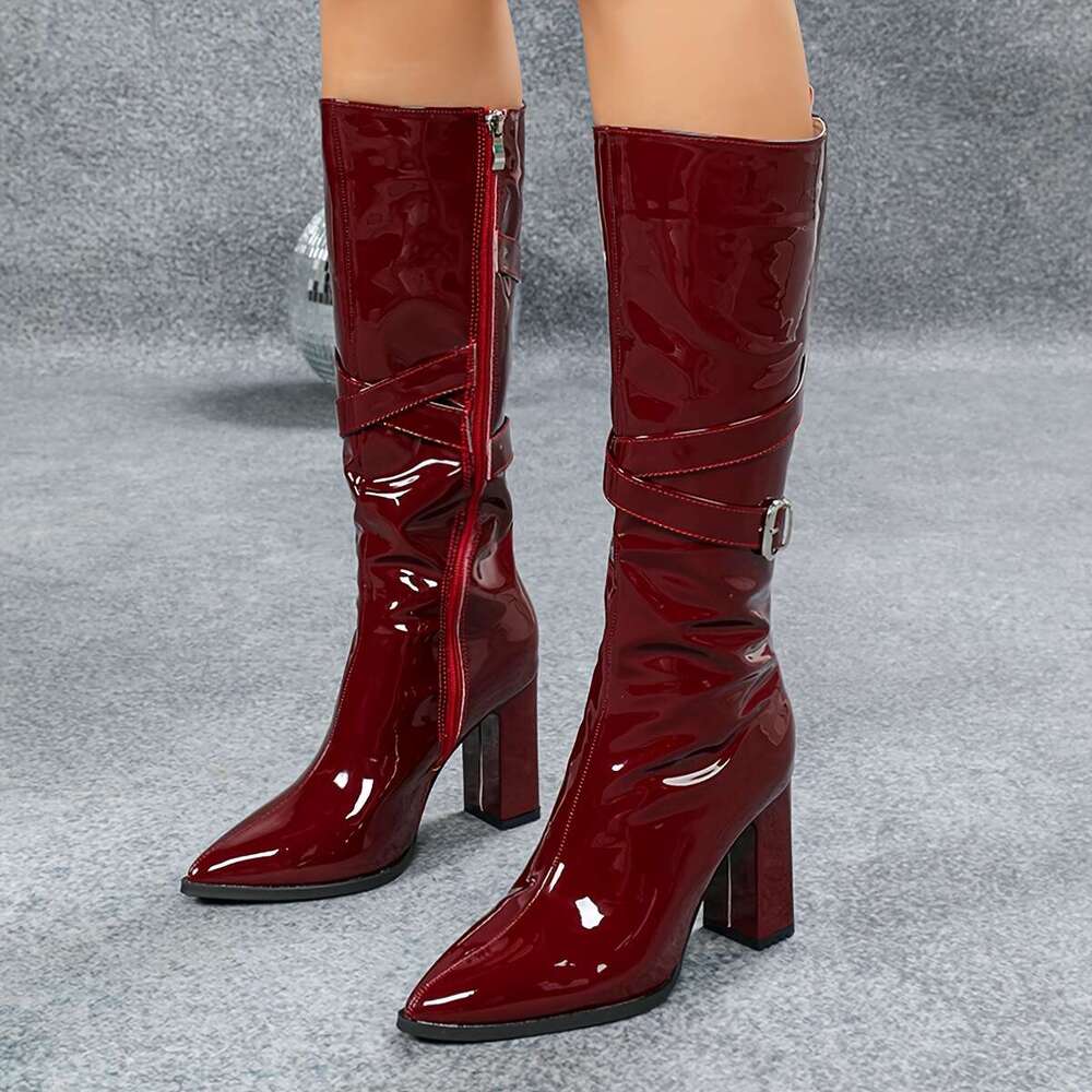 Elegant Wine Winter Women - Sharp Pointed Toe, Side Zipper, Thick Chunky Heel, Knee-High Knight Boots With Buckle Straps, Glossy Faux Cover Upper & Ve