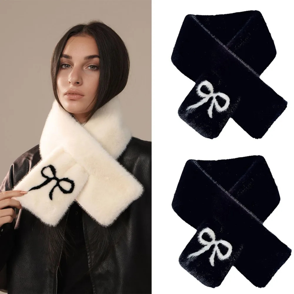 Christmas Gifts Fashion Bow Plush Fur Scarf Faux Rabbit Fur Plush Thicken Neck Scarf Cold Protection Soft Cross Scarf Women 251023