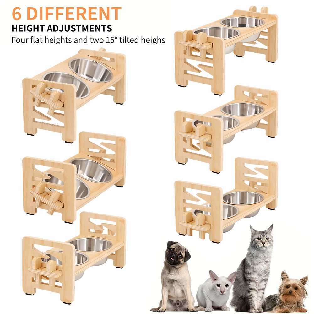 Adjustable wooden raised dog bowl stand with 2 stainless steel bowls for small dogs and cats sturdy wooden pet food feeder J251113