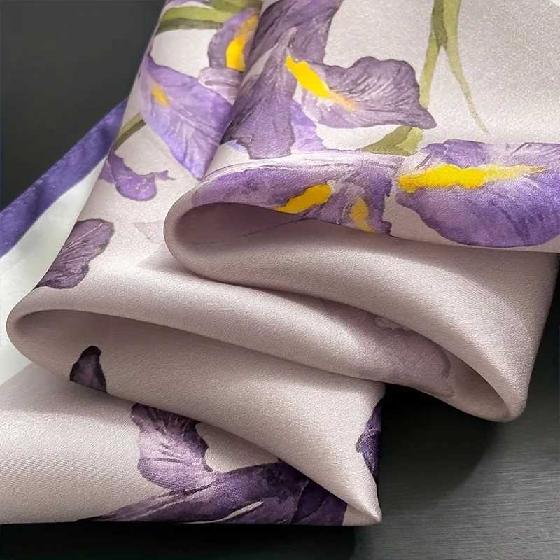 1pcs 70cm Hibiscus Flower Pattern Silk Scarf for Women Simulated Silk Purple Floral Scarfs Versatile Decorative Square ScarfW251029