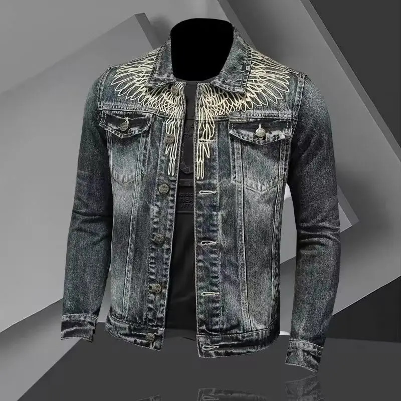 Mens retro denim jacket high street trendy embroidered lapel motorcycle loose casual fashion versatile mens clothing 251016