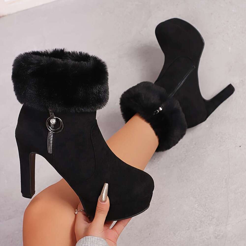 Women's Winter Sexy Chunky Platform Heels, Thick Non-Slip Rubber Sole, Side Zipper Closure, Warm Brown Boots For Parties, Everyday & Formal Event