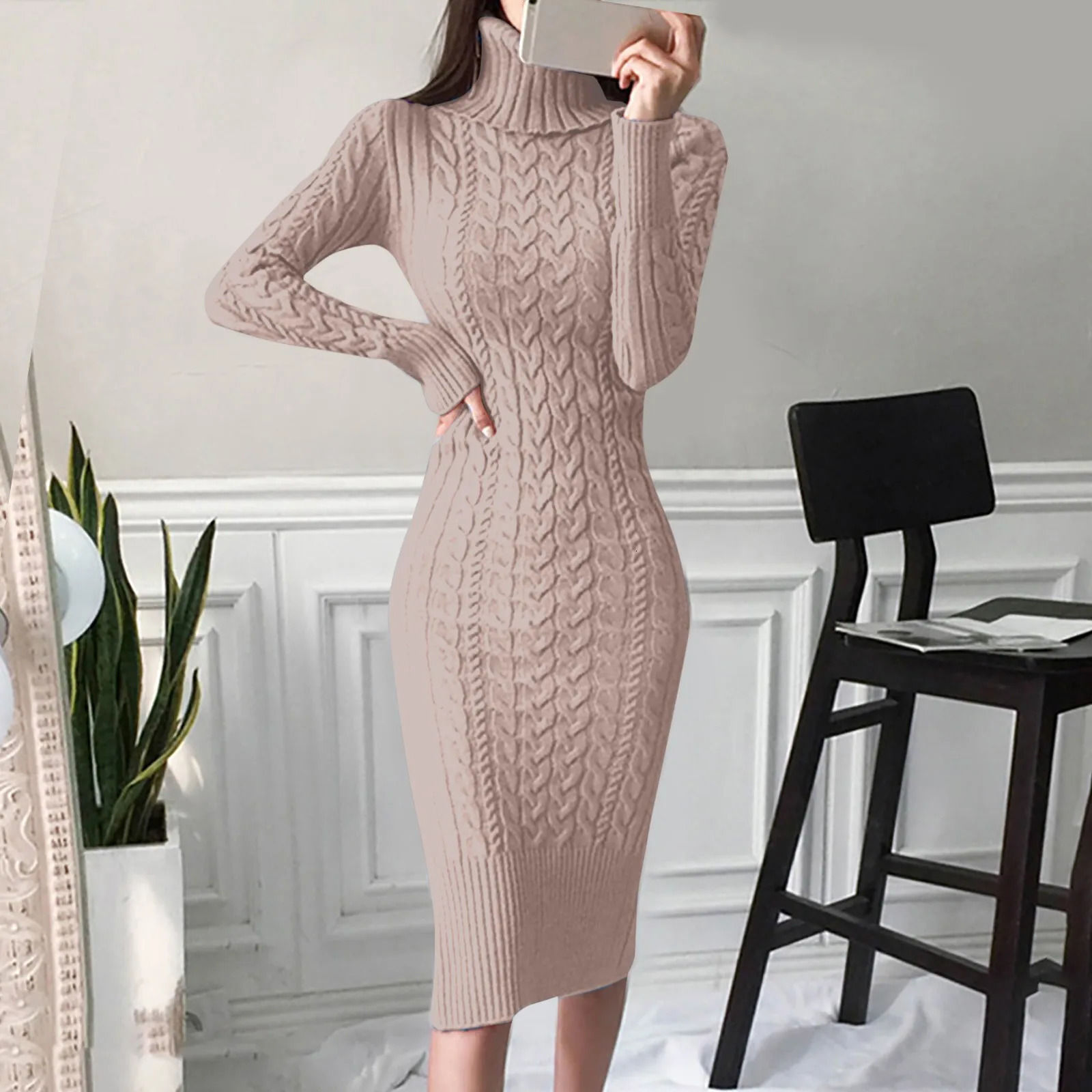 Autumn and Winter Womens Long Sleeve Turtleneck Sweater Dresses Warm Knitted Bodycon Pullovers Jumper Dresses Vestidos Largos 251029