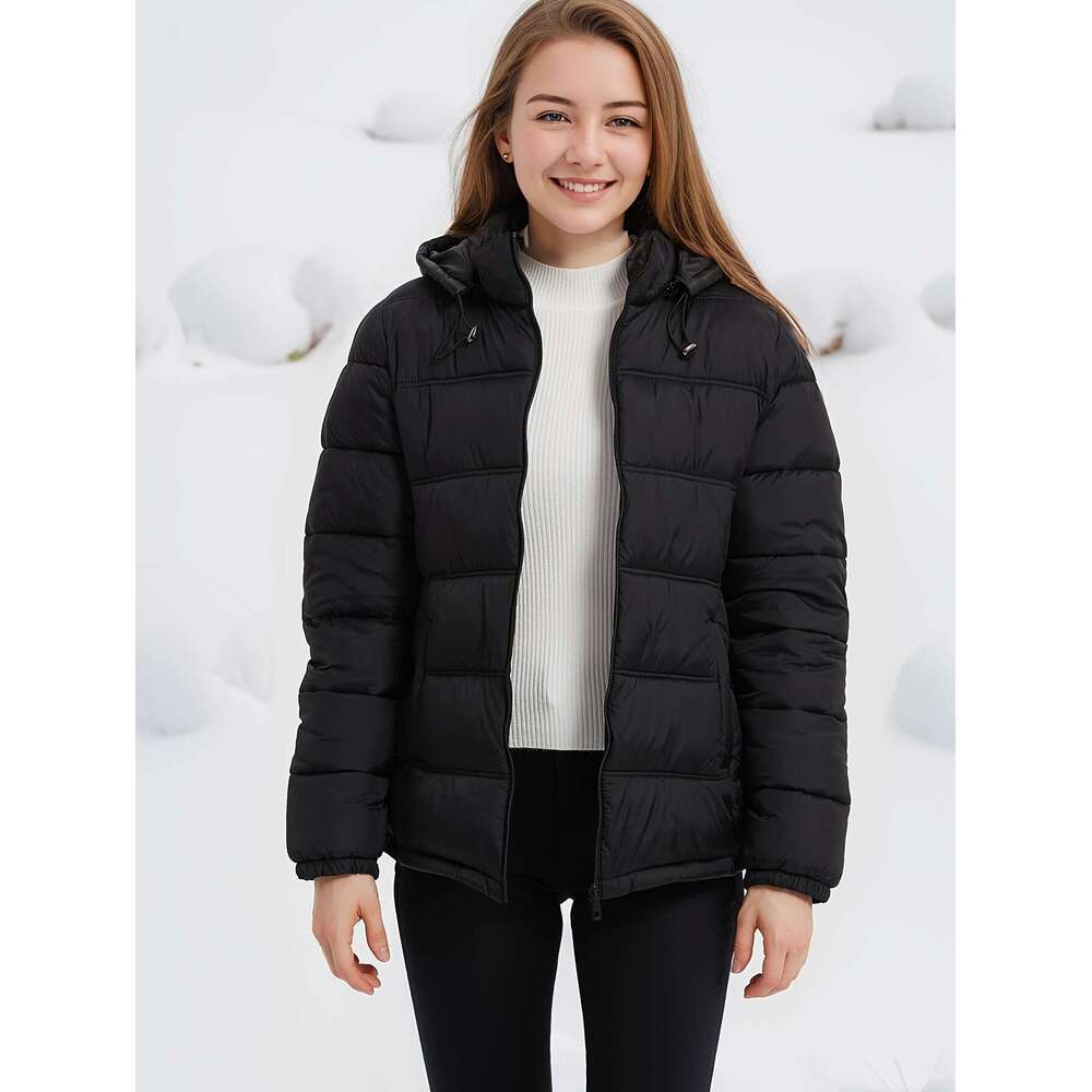 Women S Elegant Casual Long Sleeve Hooded Puffer Jacket Polyester Non Stretch Solid Color With Pockets And Flared Hem