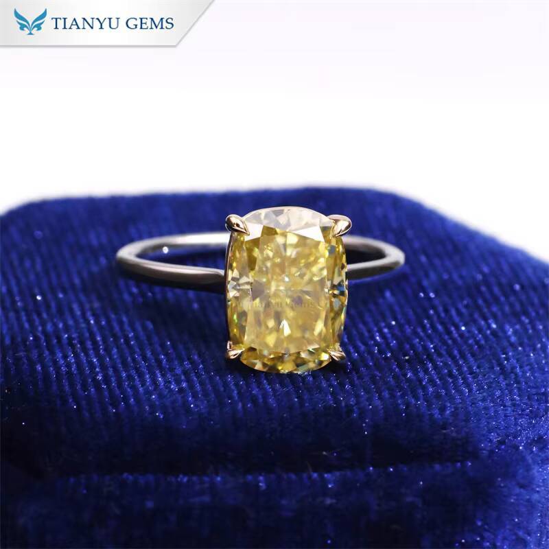 Tianyu Gems New Design 811mm Crushed Ice Cut Vivid Yellow Moissanite 10k Solid Gold Solitaire Ring for Women Engagement