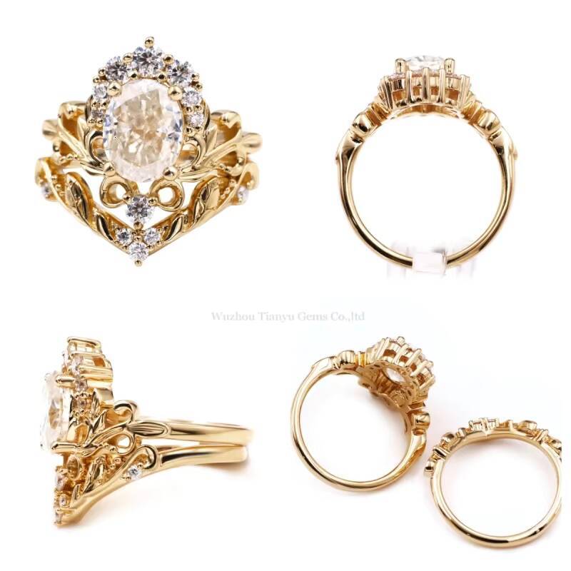 Tianyu Gems Custom Made 7X9mm 2ct DEF VS1 Oval Moissanite Diamond 14k Solid Yellow Gold Jewelry Ring Set Crown Design for Women