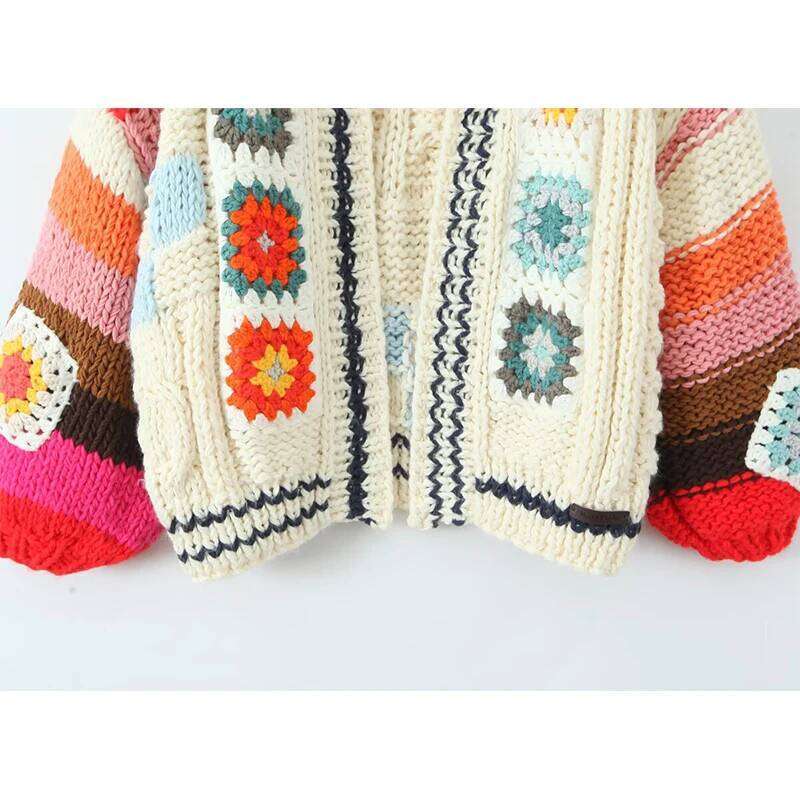 YENKYE Multicolor Handmade Crochet Cardigan Sweater For Women Lantern Sleeve Loose Boho Coat Autumn Winter Outerwear