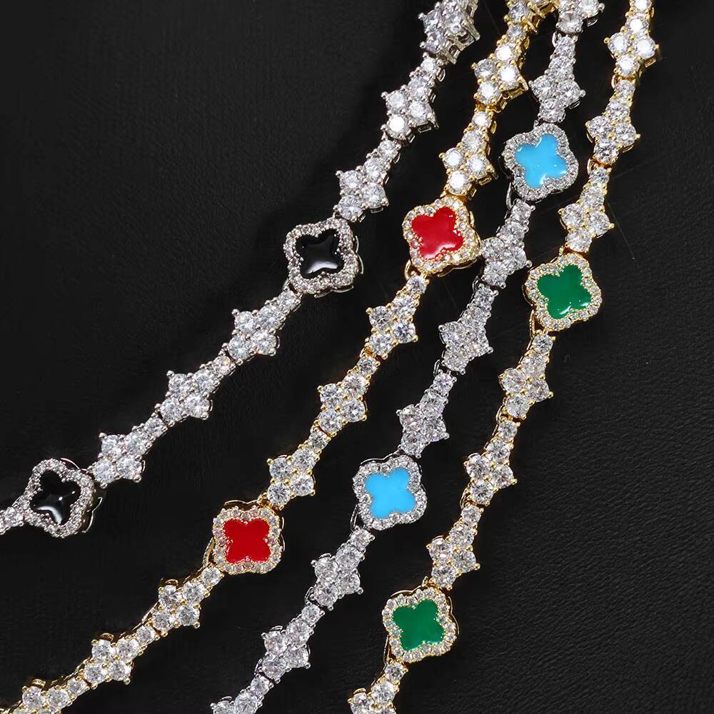 NUOYA Hip Hop New Style Iced Out Four Leaf Clover Necklace Silver Color 65mm moissanite Diamond Colorful Tennis Chain Jewelry for Women Designer'