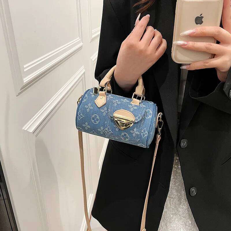 Designer Bag Luxury Bag Urban Elegance: Womens Modern Denim Cylindrical Tote with Multiple Carry Options