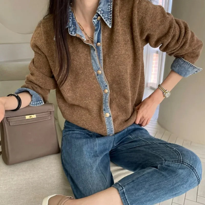 Slimming Effect Korean Style Denim Splicing Knitted Open Cardigan Womens Fashion Outerwear Ultra Thin Long Sleeve Urban Style 251029