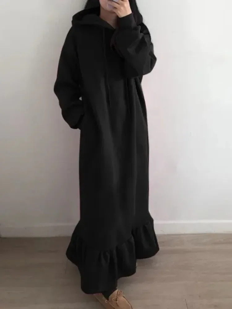 Autumn and Winter Womens Elegant Loose Long Dress Solid Color Hooded Commuting Style Straight Pocket Hoodie 251027