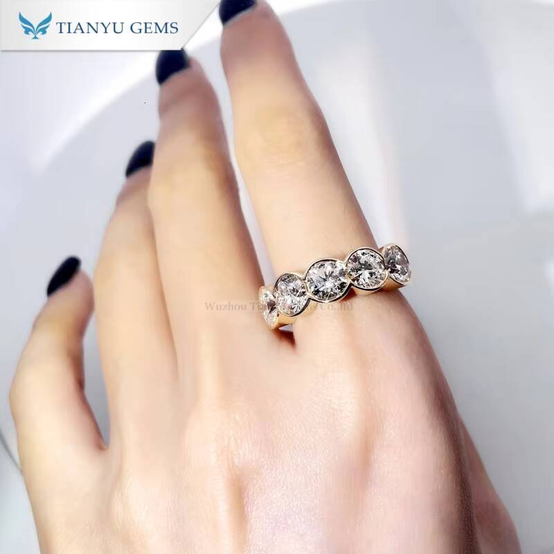 Tianyu Gems Bezel Set 583mm Round Cut 38ctw DEF Lab Diamonds Ring Women 18k 14k 10k Yellow Gold Wedding Engagement Rings Gifts
