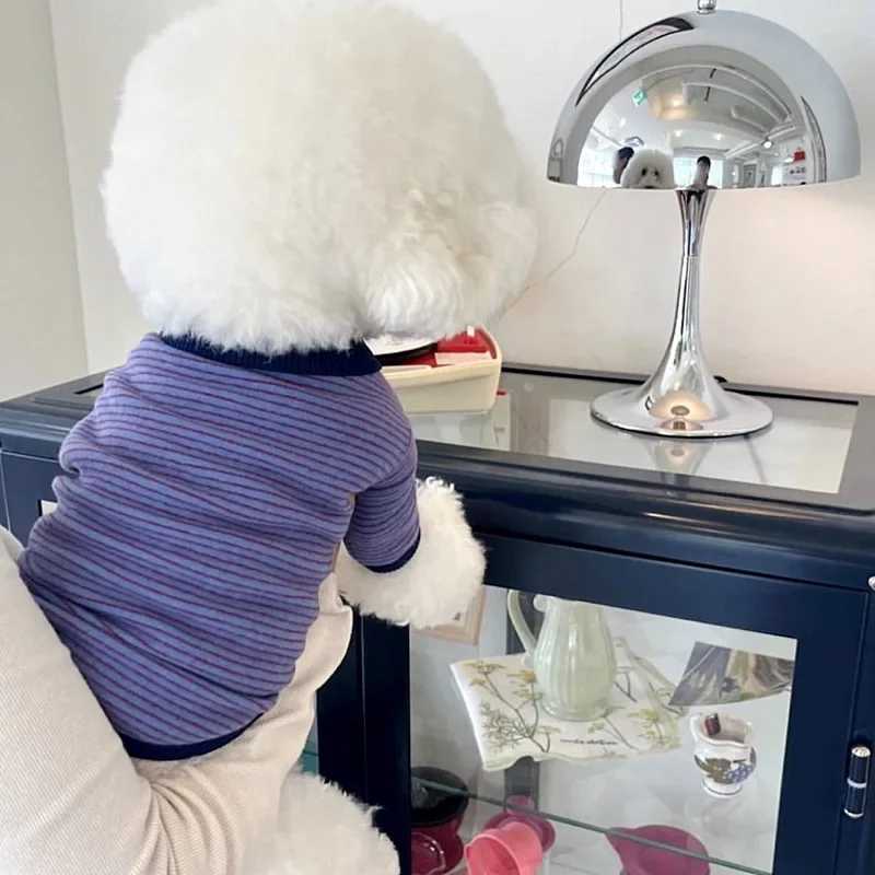 Fashion Pet Stripe Dog Clothes Autumn Pet Lapel Tshirt Teddy Warm Bottom Shirt Bichon Pomeranian Soft Puppy Two Legs Clothes C251030