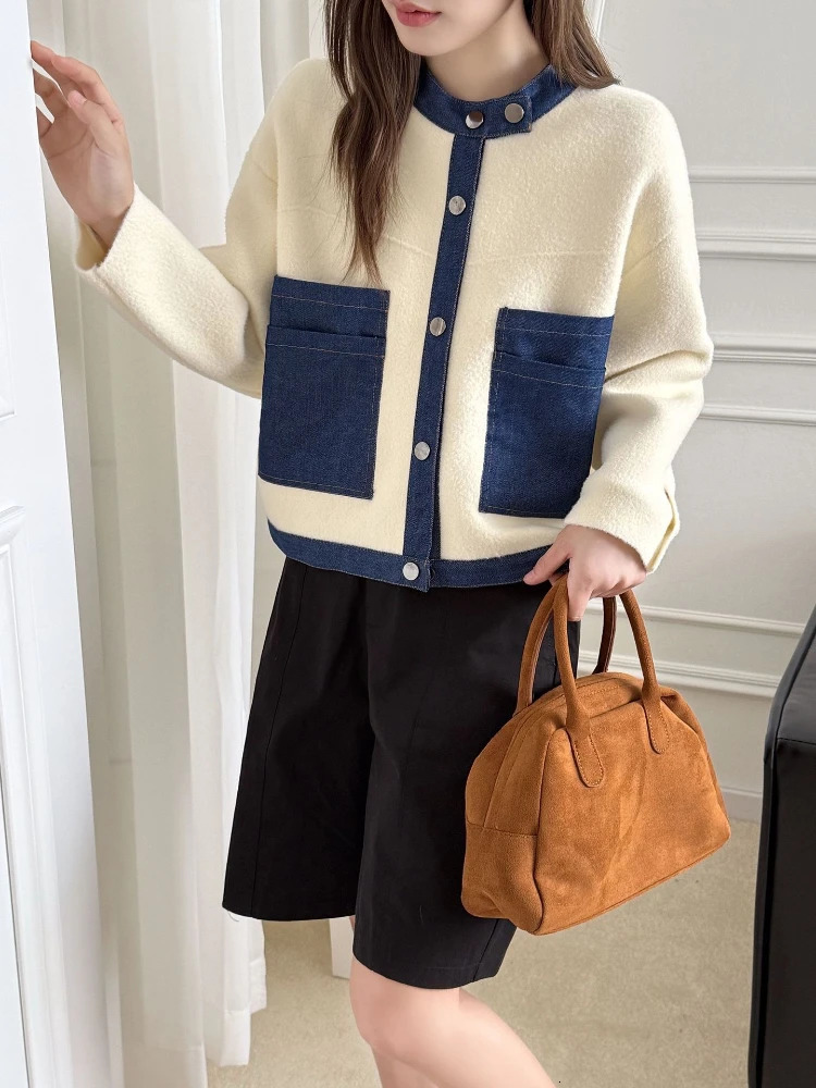 Women Cardigan Sweaters Coats Denim Splice Jackets Round Neck Jumpers Y2k Streetwear Elegant Knit Open Stith Autumn Winter 251029