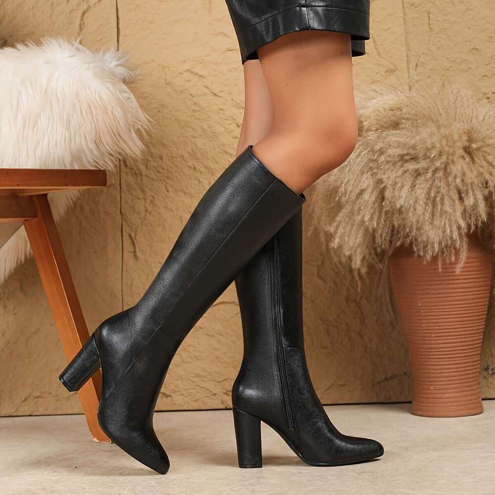 Women's Knee-High Black Block Heel Casual Solid Color Fashion Boots With Pointed Toe, Zipper Closure, And Durable TPU Sole - High Heel, Fabric Li