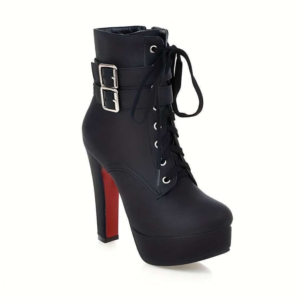 Stylish Women's Winter Double Platform Chunky High Heels Square Toe Lace-Up Holiday Dress Nightclub Solid Color Ankle Booties