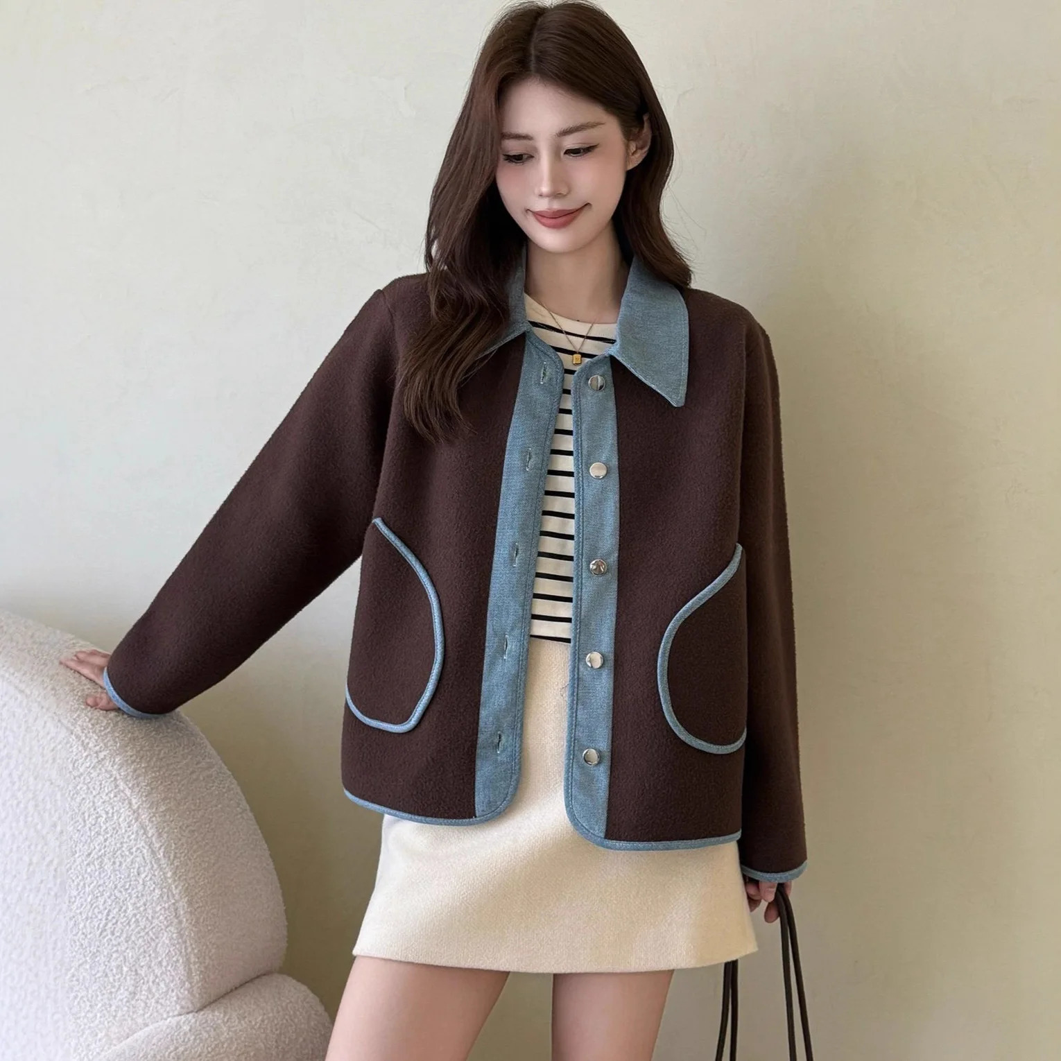 Women Cardigan Coats Denim Splice Jackets Sweaters Turn Down Collar Casual Loose Y2k Streetwear Elegant Knit Autumn Winter 251029