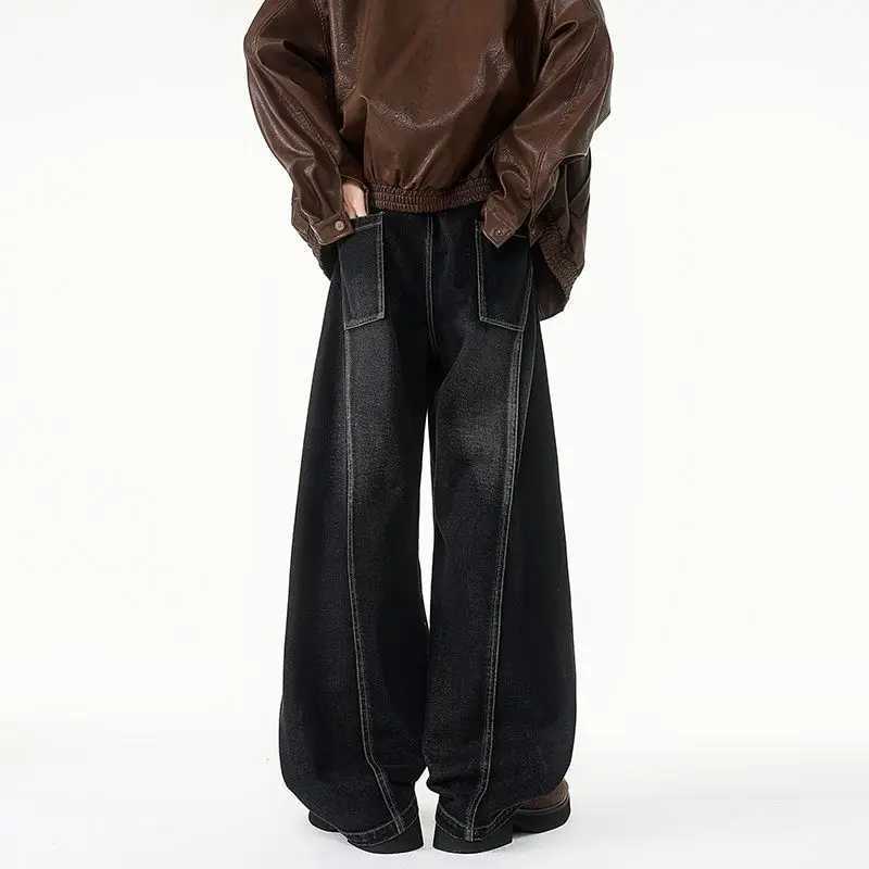 Mens Denim Washed Retro Spliced Oversized Autumn And Winter American Woven Leather Handsome Straight Leg Casual Wide Leg Pants J251030