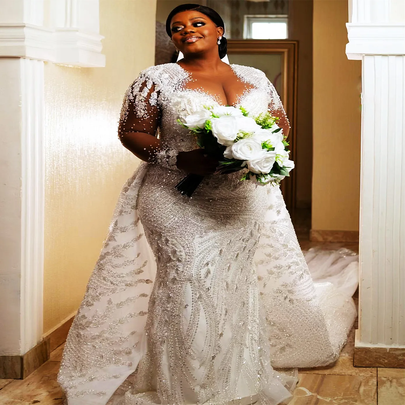 Ivory Mermaid Wedding Dresses Plus Size acefull Beaded Crystals Full Sleeves Detachable Train Bridal Gowns Dress