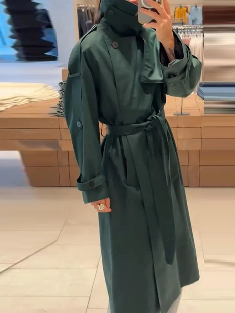Chic Womens Long Trench Coat Stylish Stand Collar Belted Loose Windbreaker Outerwear Autumn Dark Green Maxi Overcoat Outfit 251029