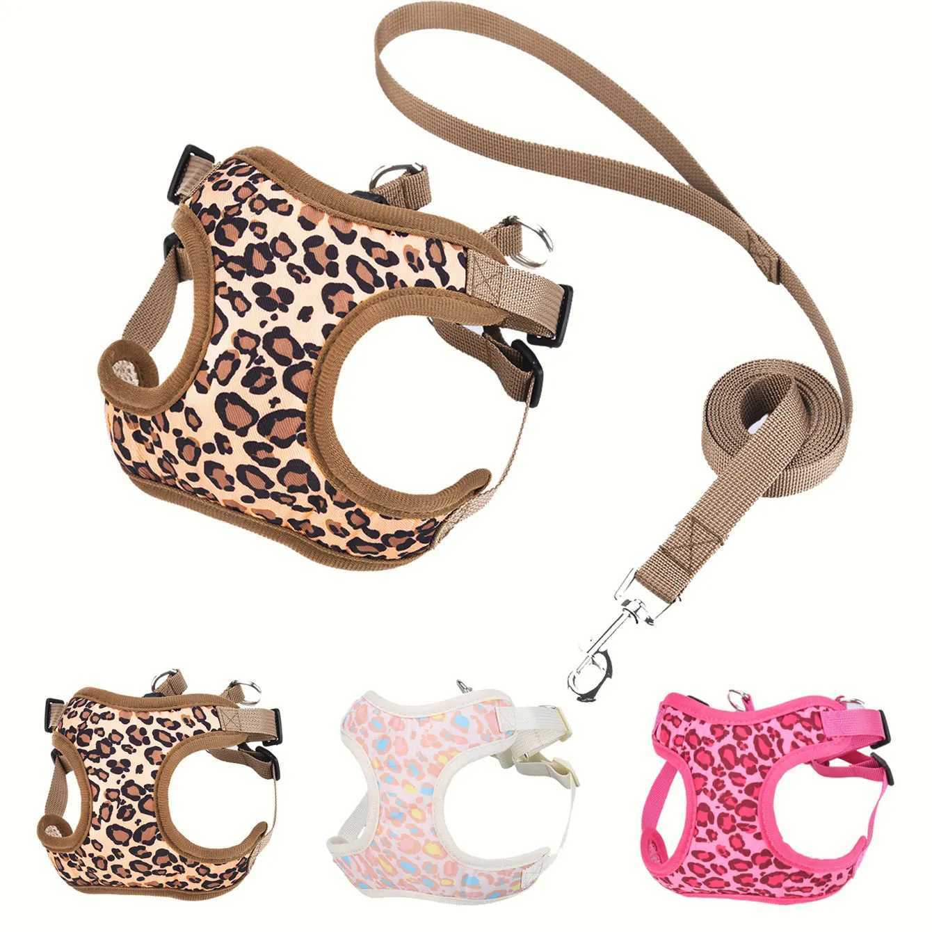 HP360Leopard print pet cat dog harnesssoft mesh fabric inside adjustable harness with 15meter leash J251129