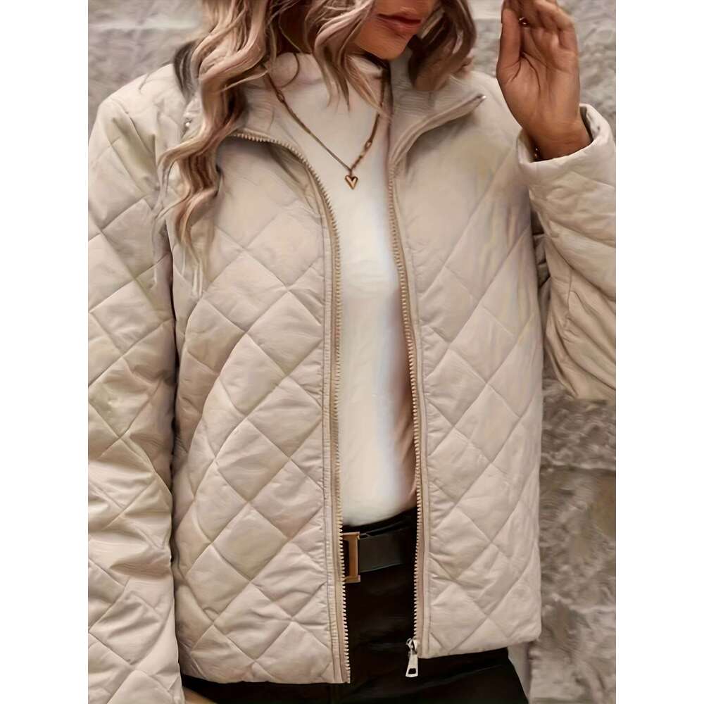Quilted Women Quilted Beige Jacket Women Long Sleeve Zip Up Coat With Stand Up Collar Front Zipper Closure Warm Outerwear For Fall Winter Everyday For