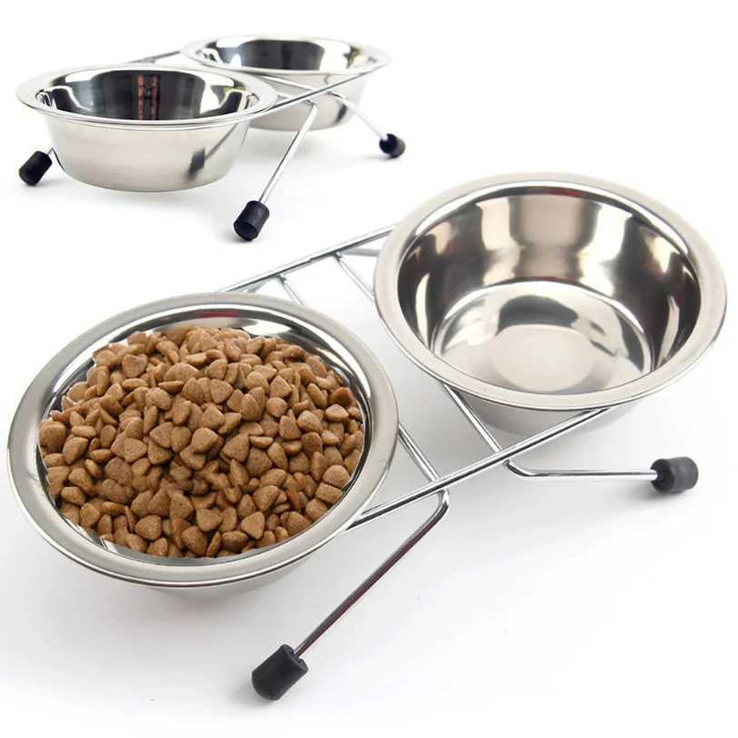 Pet Bowl Stainless Steel Pet Dogs Cat Double Bowls Durable Iron Stand Food Water Dishes Anti Slip Puppy Feeder Pet Supplies J251113