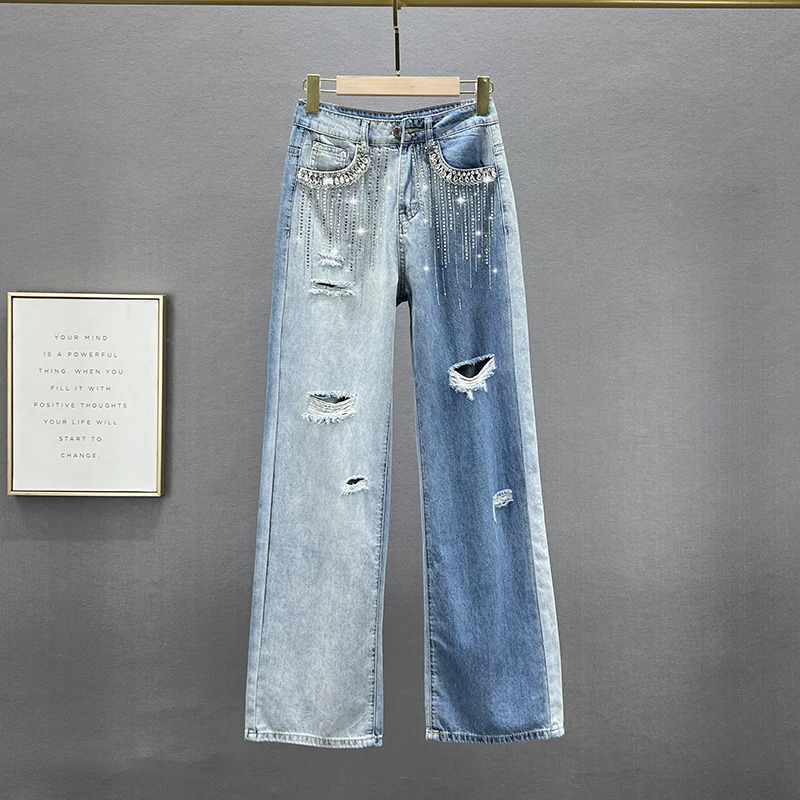 High Waist Wide Leg Jeans Womens Summer Sle Hole adient Diamond Embellied Loose Slimming BF Hong Sle Long P 251029