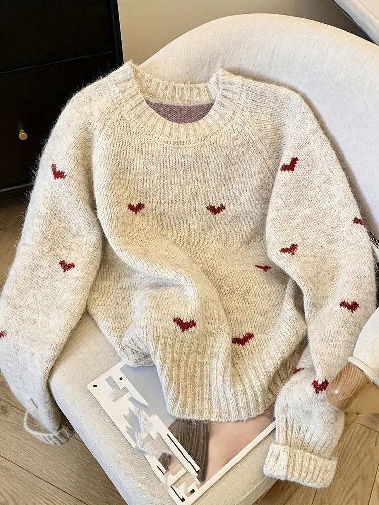 Autumn Winter Comfortable Heart Pattern Sweater Long Sleeve Pullover Round Neck Top Warm Versatile Womens Clothing 251028