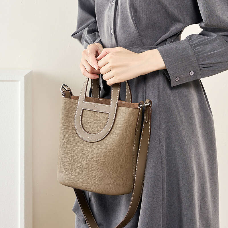 Top Layer Cowhide Basket Bucket Handheld Shoulder Crossbody Genuine Leather Women's Bag Trendy