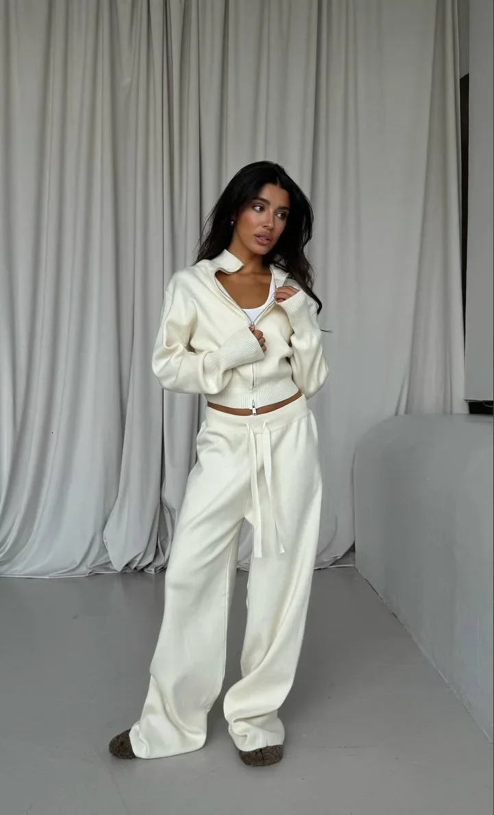Women Cotton Knitted Cardigan Wide Leg Pants Suit Autumn and Winter Lady Fashion Loose Daily Office Jacket Straight Pants 2Pcs 251028