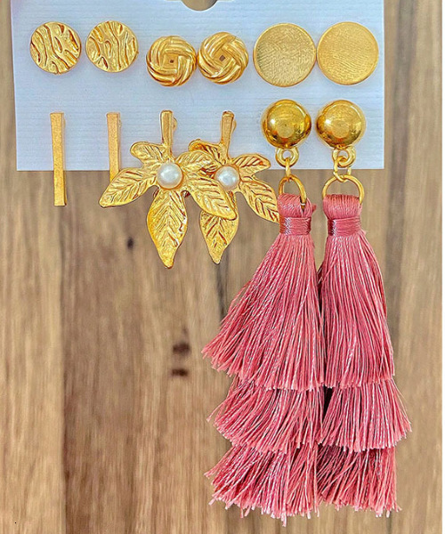 18k Gold Plated Set Tassel Bohemian 6 Pairs Of Stud Earrings Jewelry