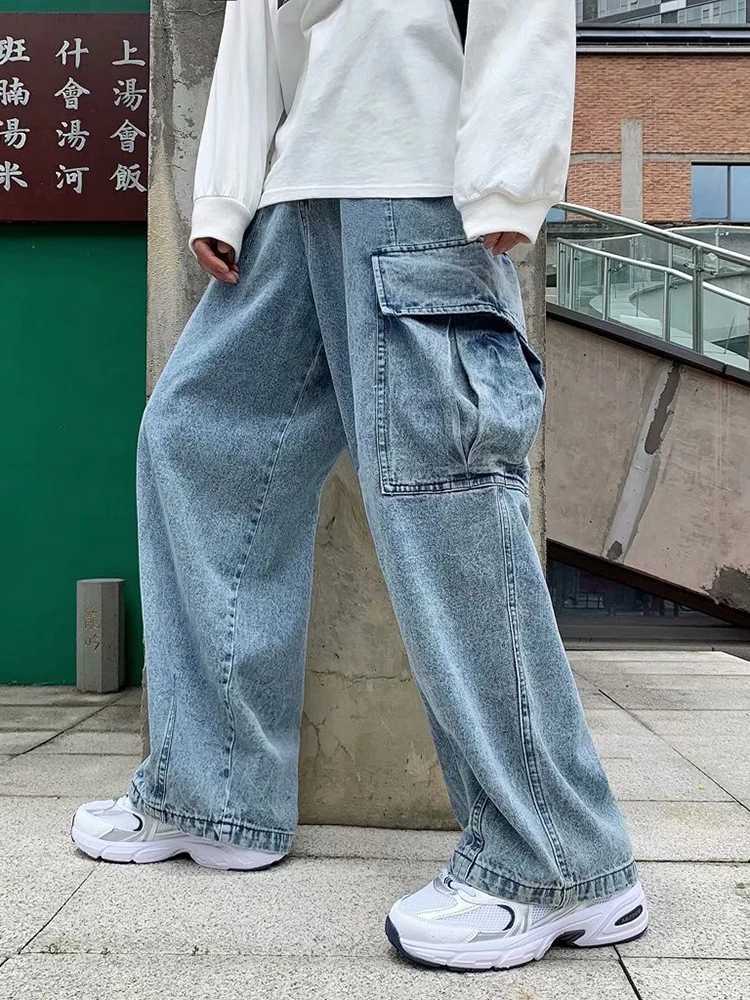 Baggy Jeans Mens Oversize Streetwear Fashion Wide Leg Cargo Pants Hip Hop Harajuku MultiPocket Denim Trousers Black Blue J251030