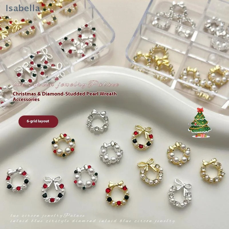 3D Christmas Wreath Alloy Inlaid With Diamonds And Pearls DIY Wearable Nail Rhinestones 251027