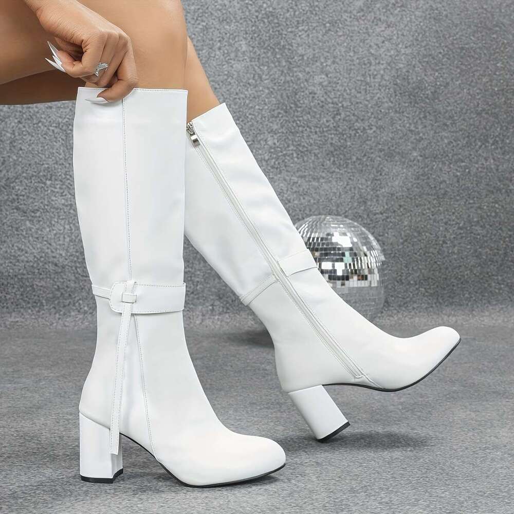 Women's Elegant White Faux Cover Knee-High Knight Boots With Thick Heel - Round Toe Comfortable Fabric Lining & PVC Sole For Autumn/Winter, Europ