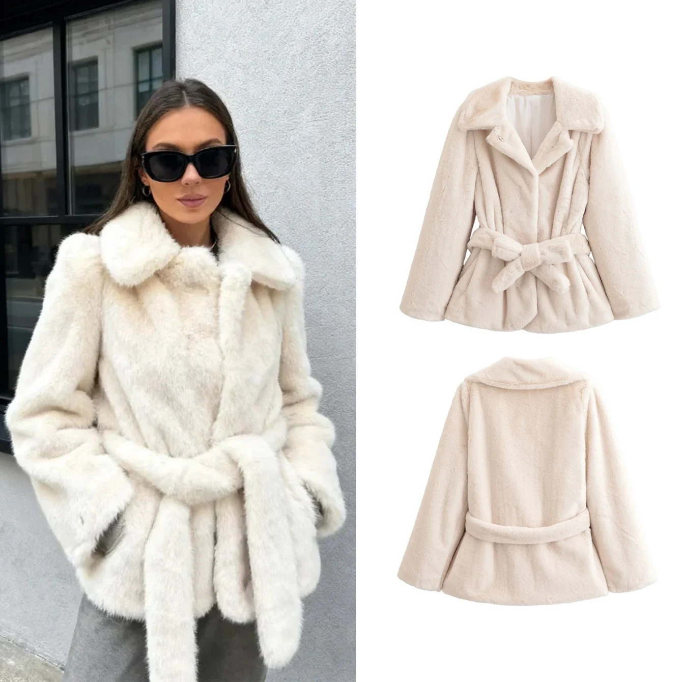 Woman Solid Fur Jacket Coat With Belt Single Breasted Long Sleeve Loose Coat Casual Street Female Warm Autumn Winter Jackets 251029