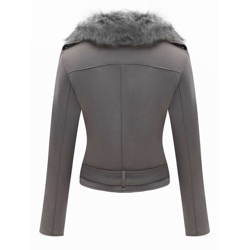 Women S Suede Motorcycle Jacket With Detachable Faux Fur Collar Stylish Winter Outerwear Black Zip Up Closure Long Sleeve Casual Chic Design